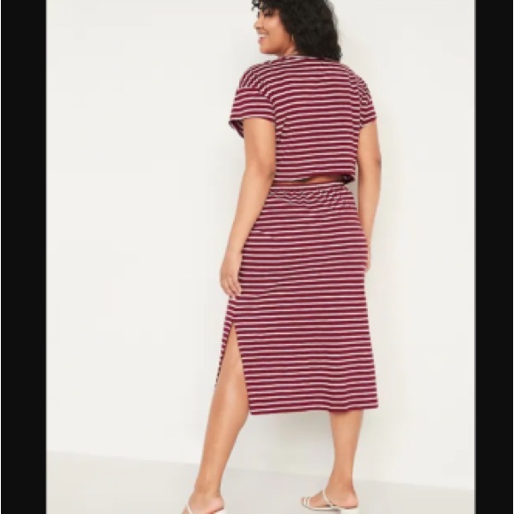 Old Navy Burgundy and White Striped Midi Open Back T-Shirt Dress - Picture 1 of 7